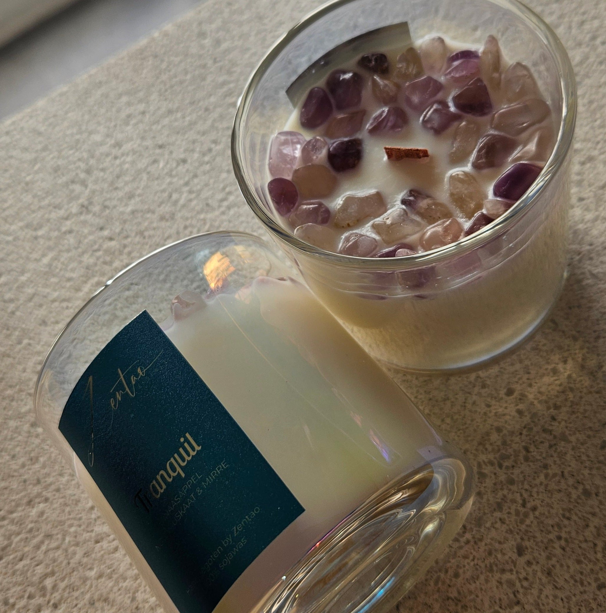 Handgemaakte sojawas geurkaars met amethist edelstenen Zentao België 