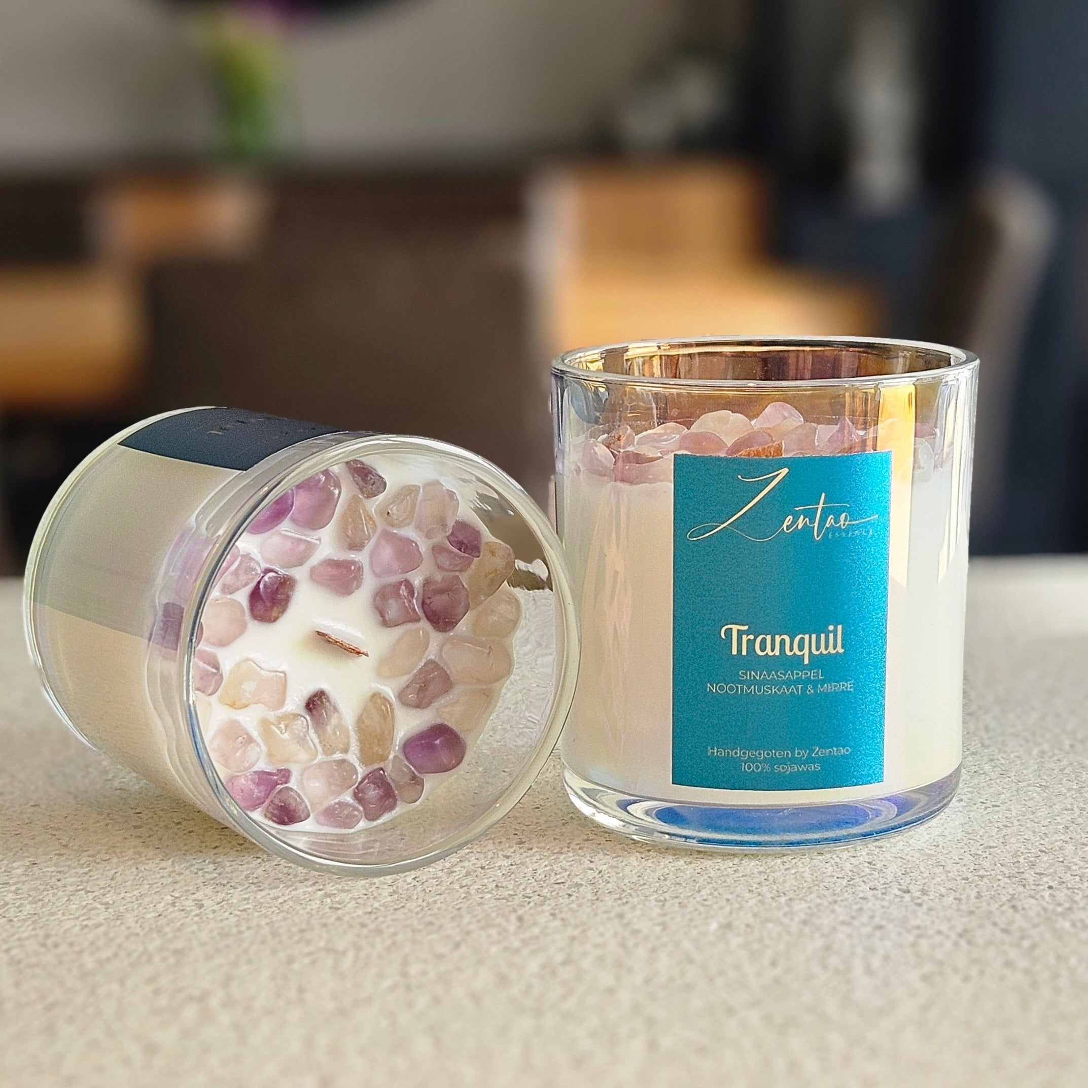 Handgemaakte sojawas geurnaars Tranquil met amethist edelstenen Zentao België 